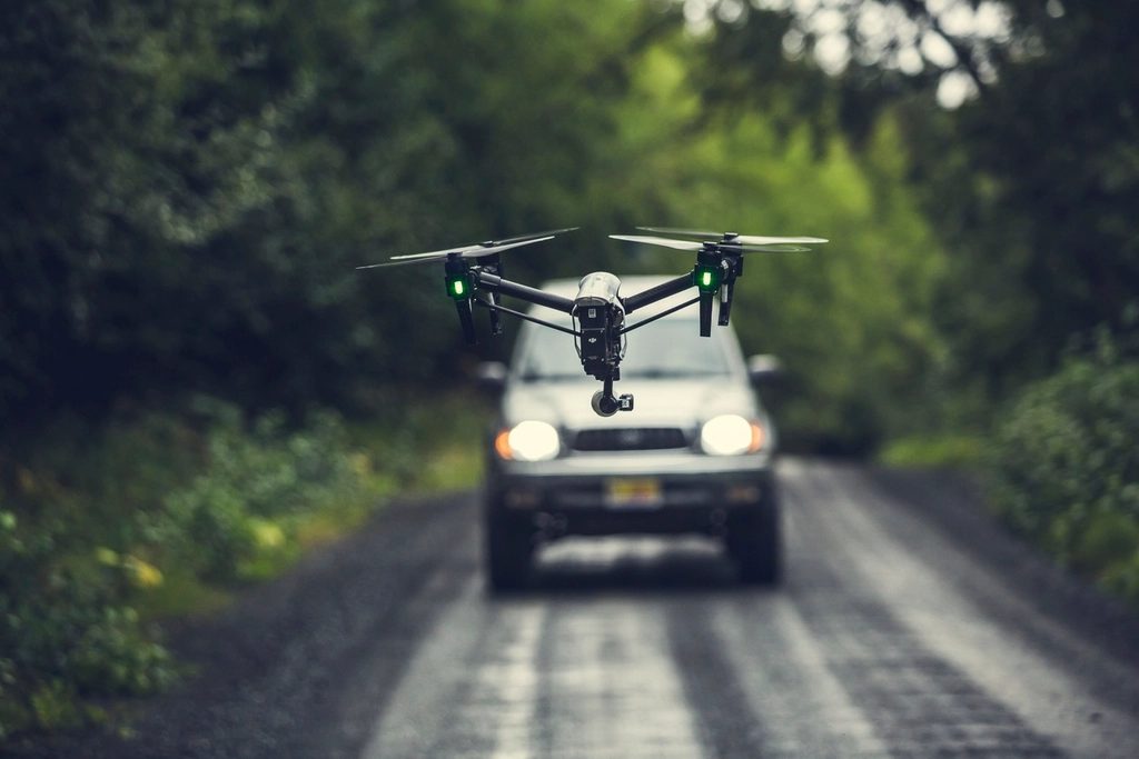 Drone in flight during an outdoor operation