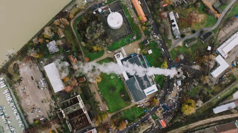 Aerial drone view of an industrial facility during an inspection flight