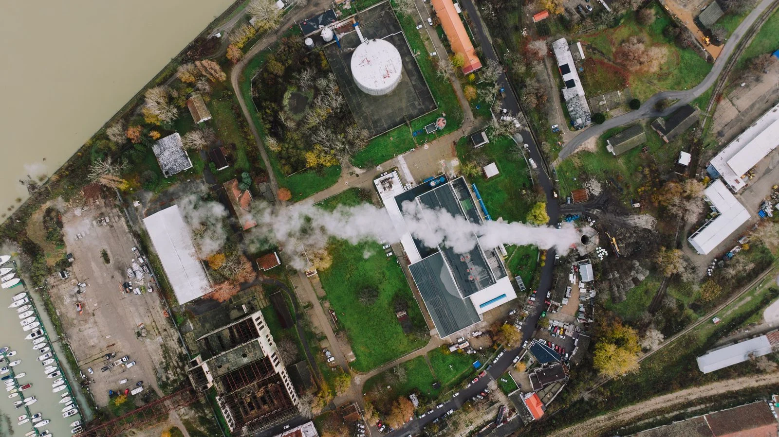 Aerial drone view of an industrial facility during an inspection flight